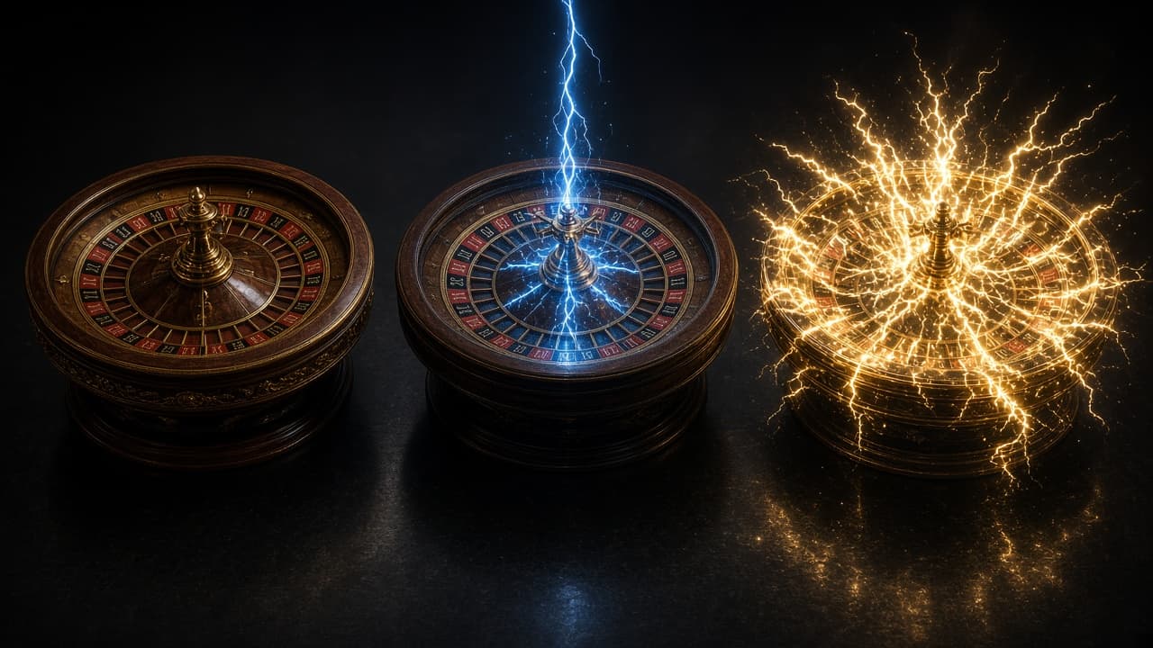 Tres ruedas de ruleta en un estudio oscuro, una con rayo, para comparar variantes